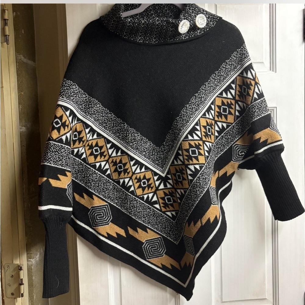Stylish Black and Tan Women's poncho Sweater